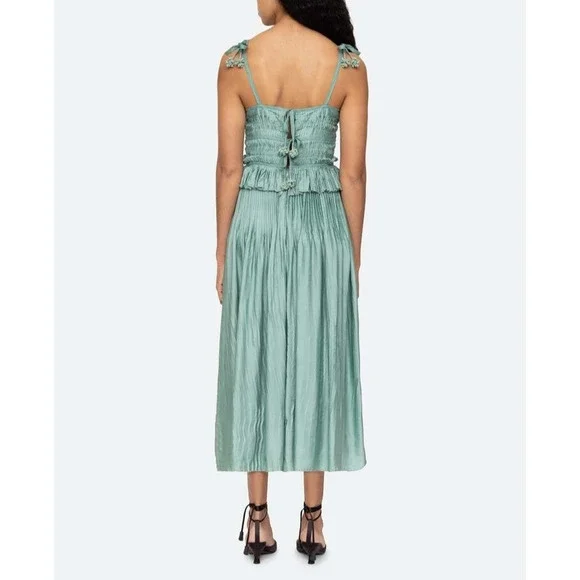 Sea New York Risa Ramie Poly Satin Tank Dress Tie Straps Sage Green Size 12  NEW